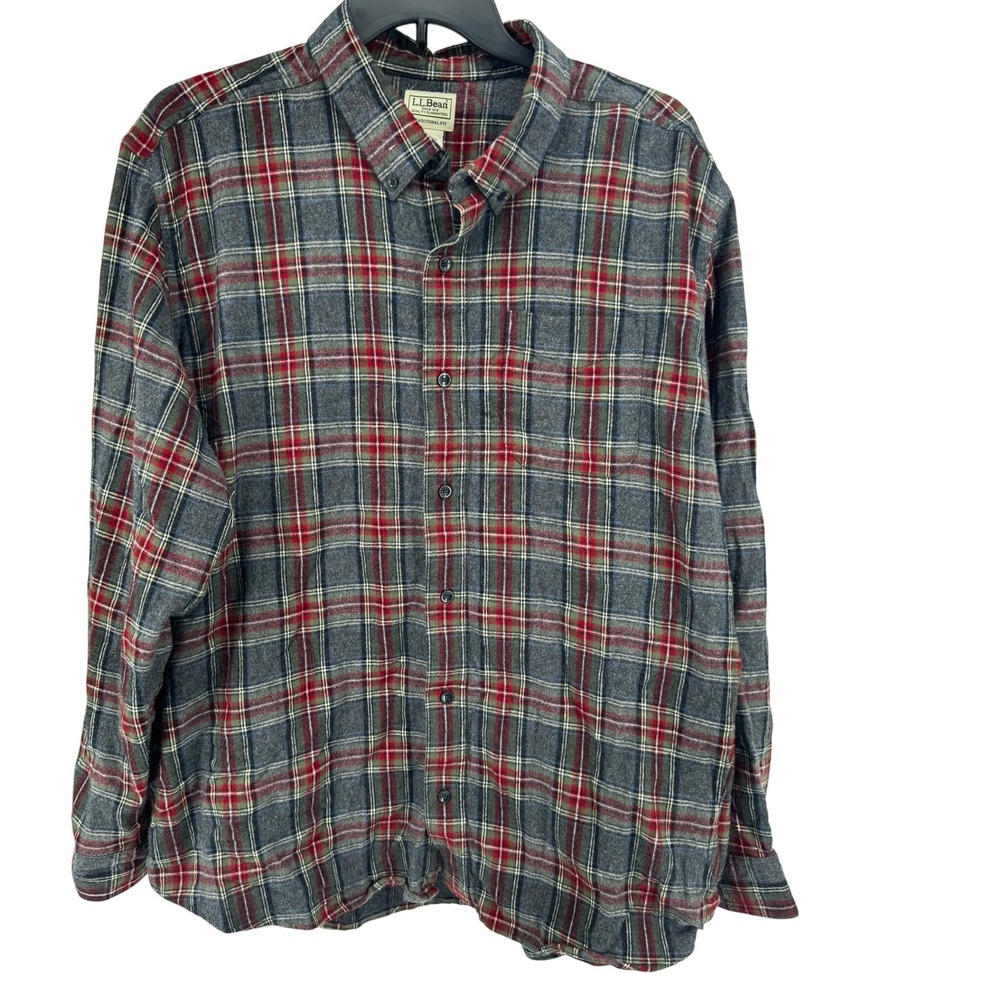 LL Bean Mens Flannel Shirt XXL Regular Traditional Fit Plaid Gray Red Outdoors